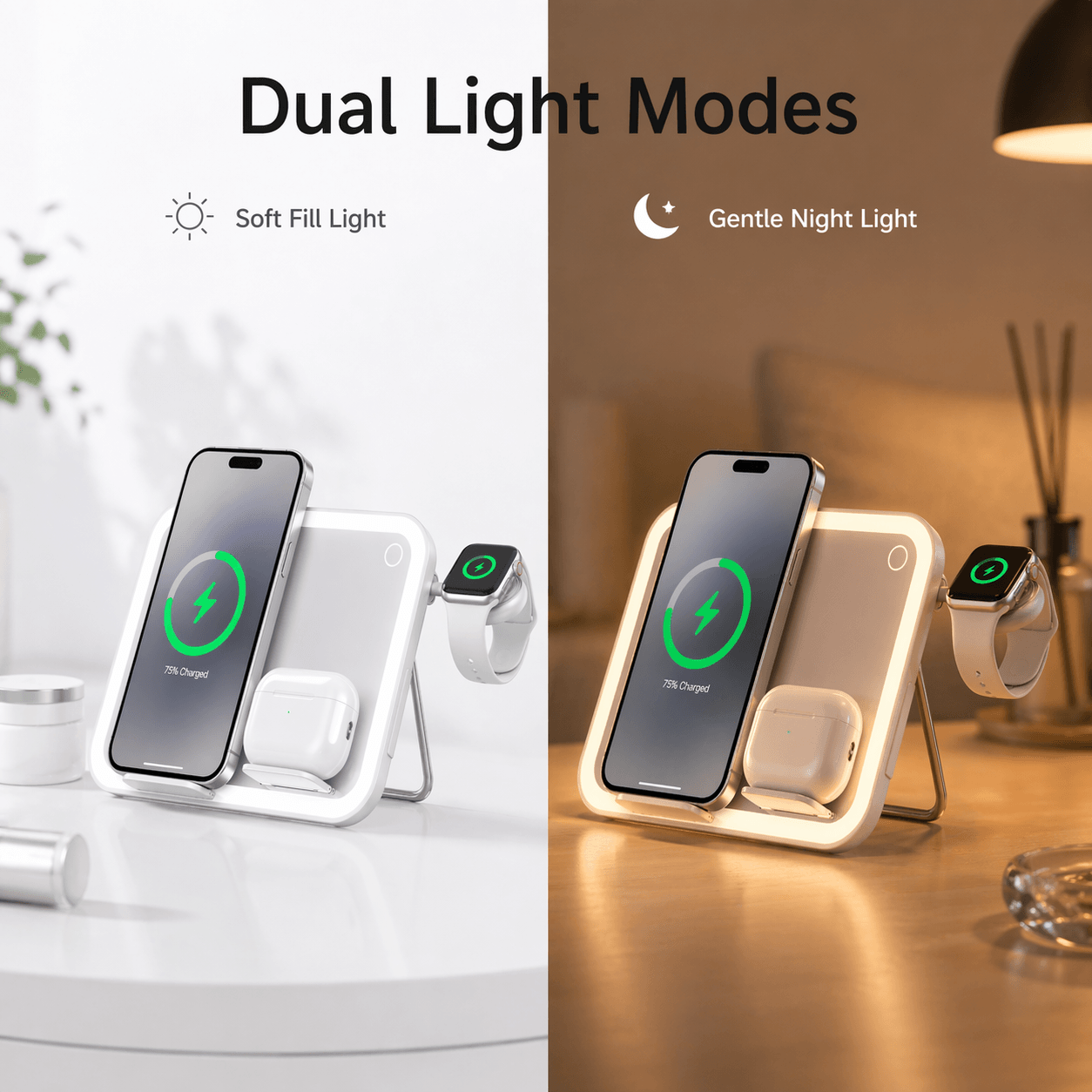 V22 Smart Makeup Mirror with 3-in-1 Wireless Charging & LED Light