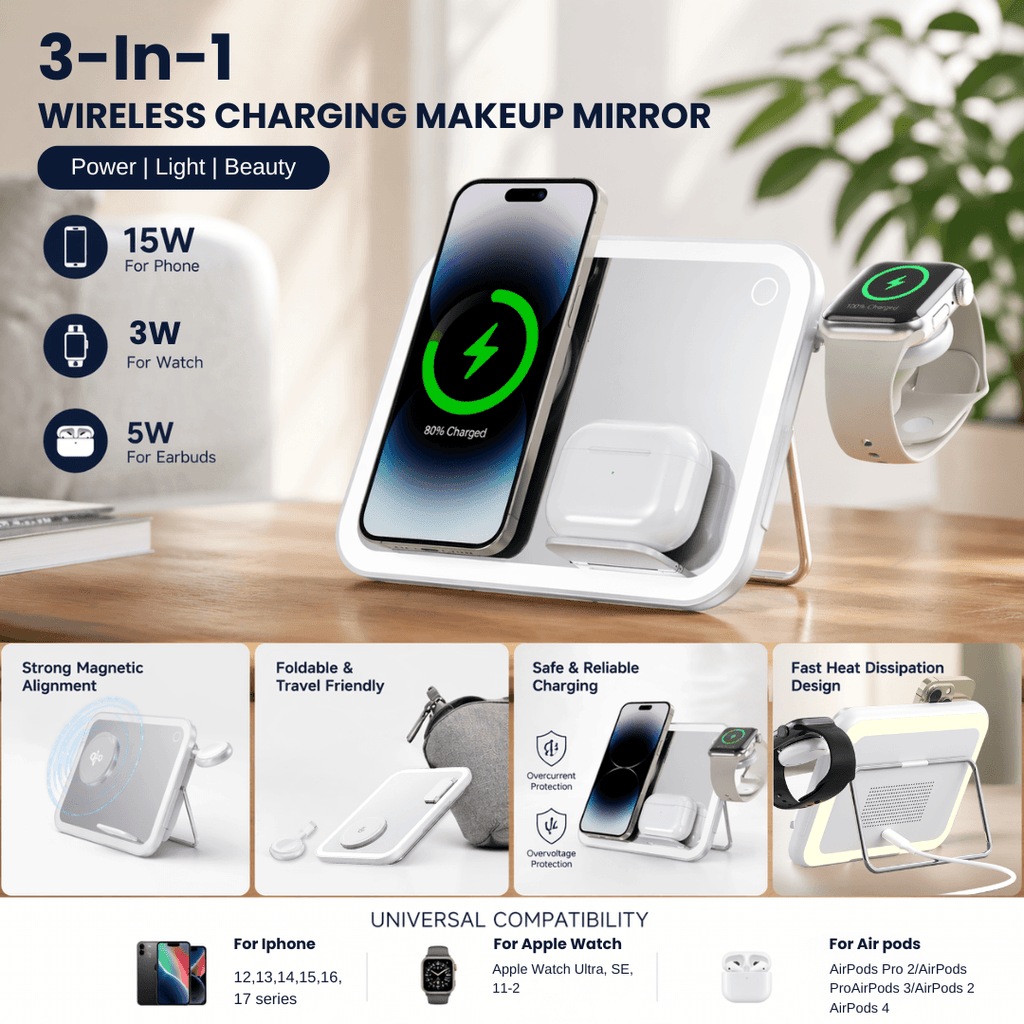 V22 Smart Makeup Mirror with 3-in-1 Wireless Charging & LED Light
