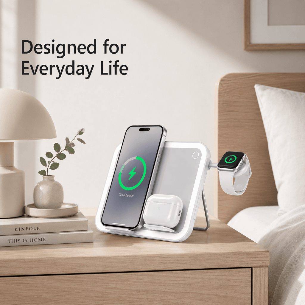 V22 Smart Makeup Mirror with 3-in-1 Wireless Charging & LED Light
