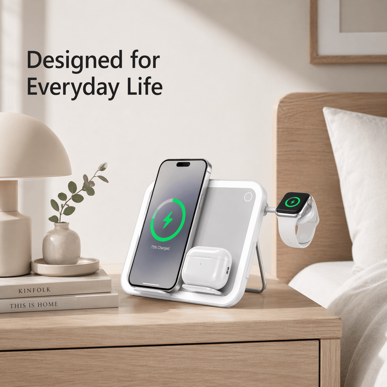 V22 Smart Makeup Mirror with 3-in-1 Wireless Charging & LED Light