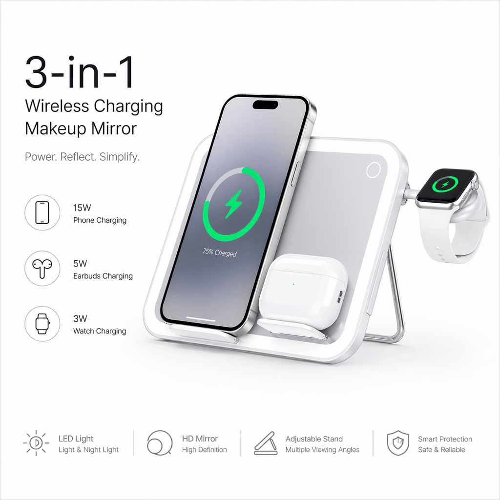 V22 Smart Makeup Mirror with 3-in-1 Wireless Charging & LED Light