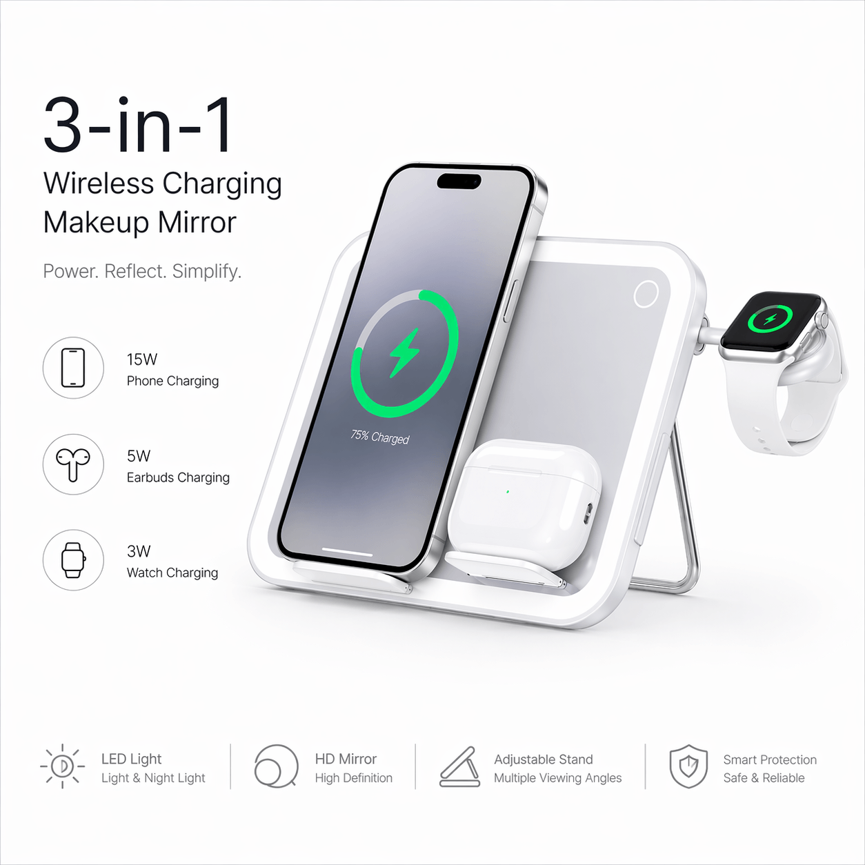 V22 Smart Makeup Mirror with 3-in-1 Wireless Charging & LED Light