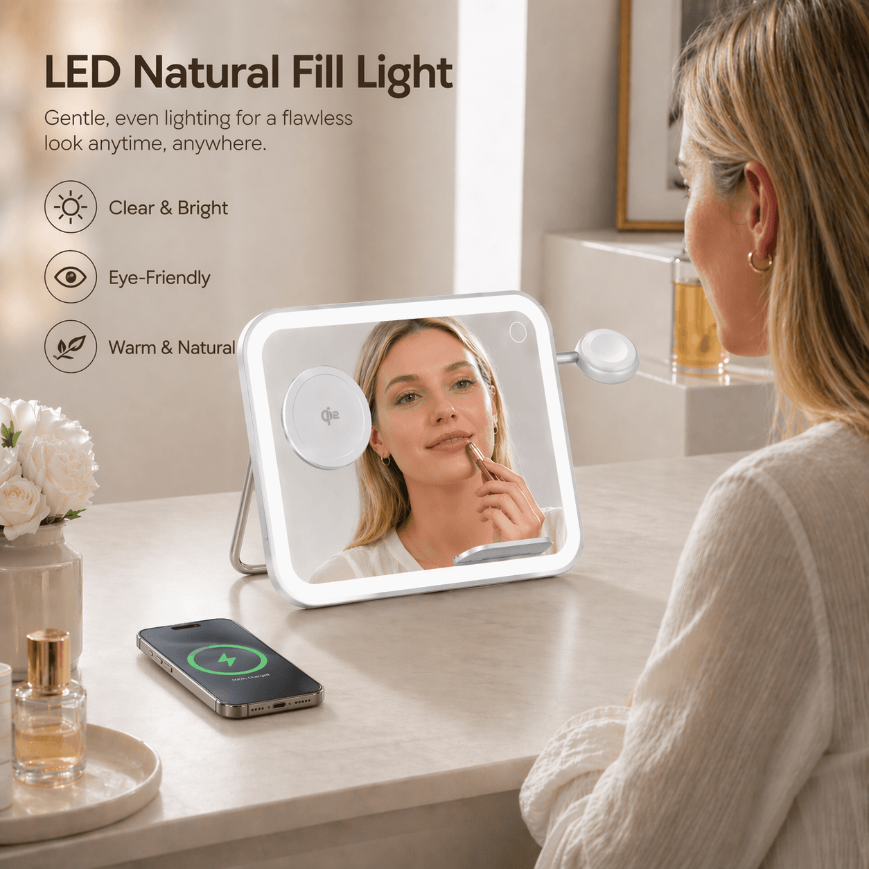 V22 Smart Makeup Mirror with 3-in-1 Wireless Charging & LED Light