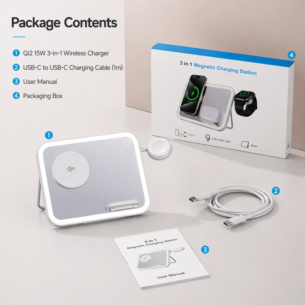 V22 Smart Makeup Mirror with 3-in-1 Wireless Charging & LED Light