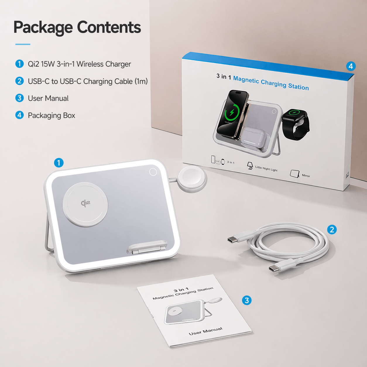 V22 Smart Makeup Mirror with 3-in-1 Wireless Charging & LED Light