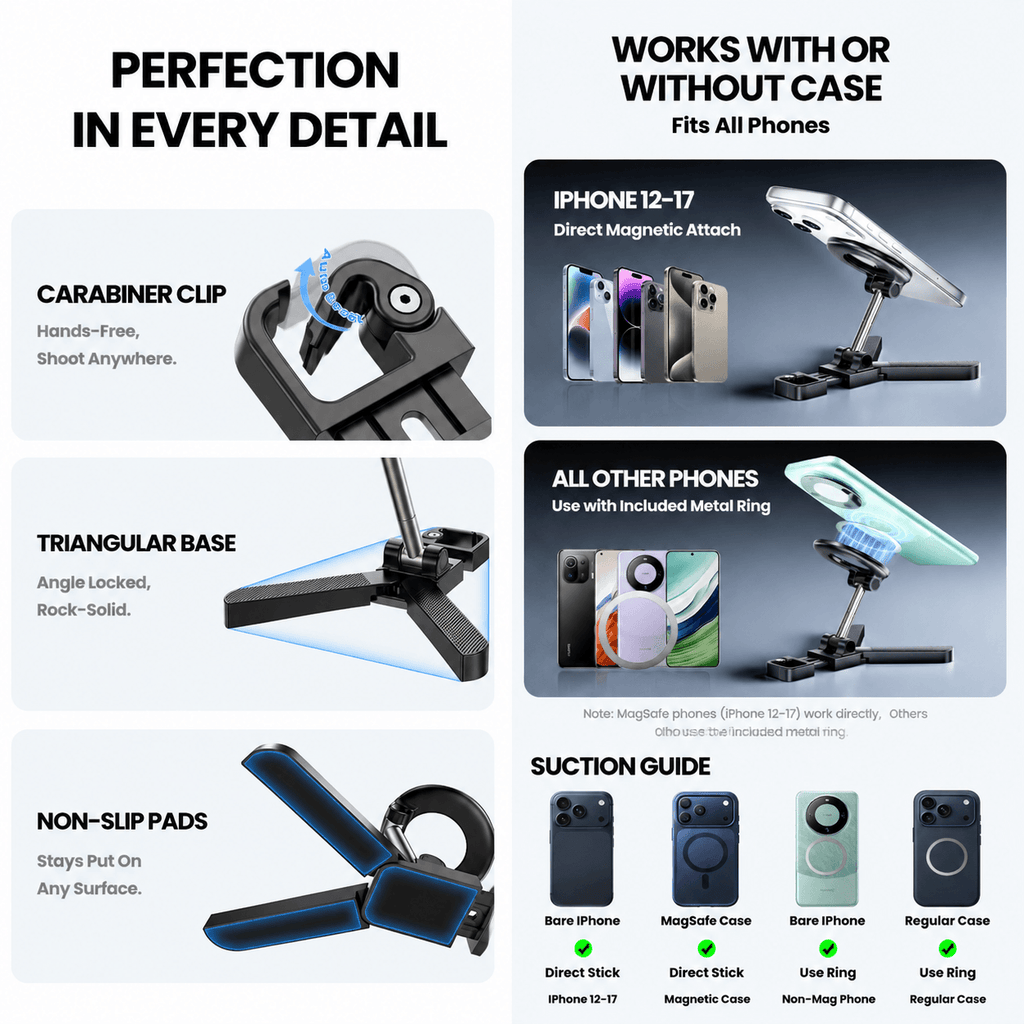 A11 MagSafe Phone Mount – Portable 360° Adjustable Magnetic Stand with Carabiner Clip & Stable Tripod Base