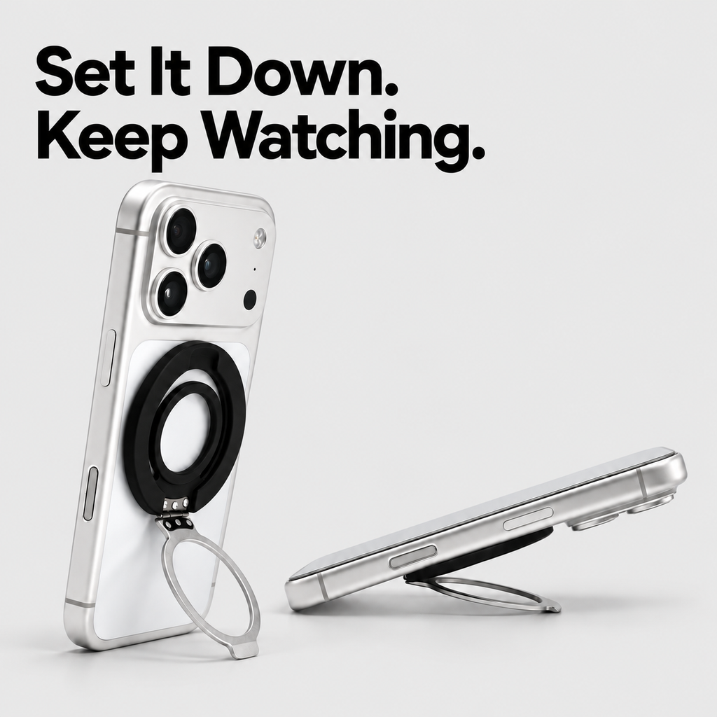 Magwink ring stand supporting a phone in portrait and landscape.