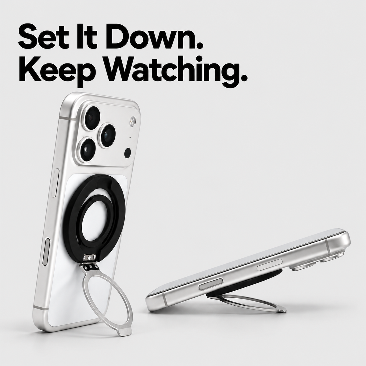Magwink ring stand supporting a phone in portrait and landscape.