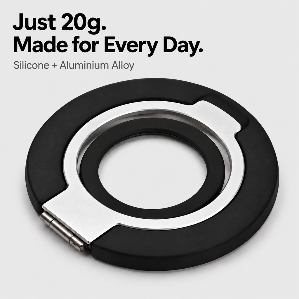 Lightweight 20g silicone and aluminium alloy phone ring grip.