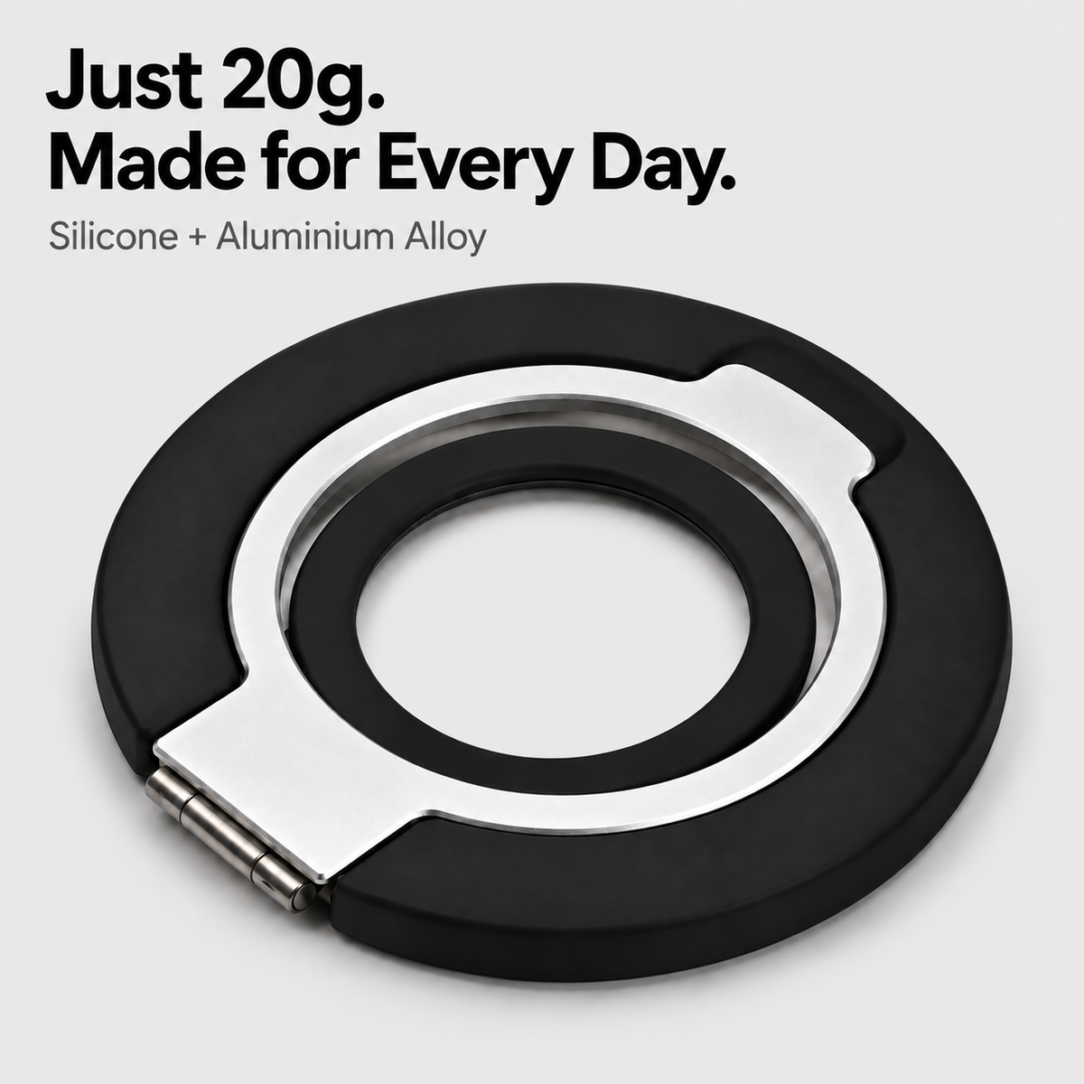 Lightweight 20g silicone and aluminium alloy phone ring grip.
