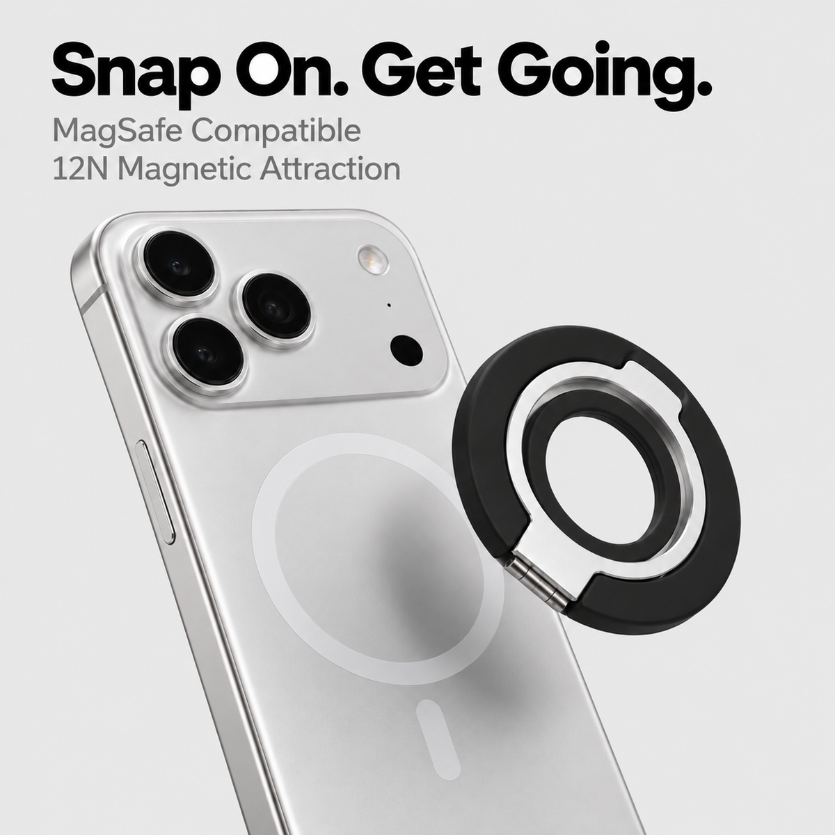 MagSafe compatible ring grip with 12N magnetic attraction.